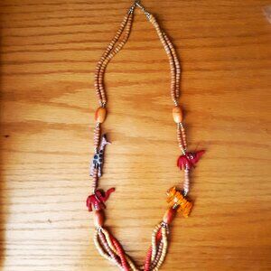 Wooden Beaded Tribal Necklace Wood Animal Charms Vintage